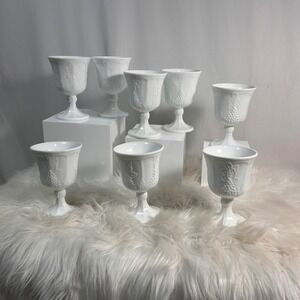 Westmoreland Milk Glass Paneled Grape Goblets Set of 8 Vintage White Water Wine
